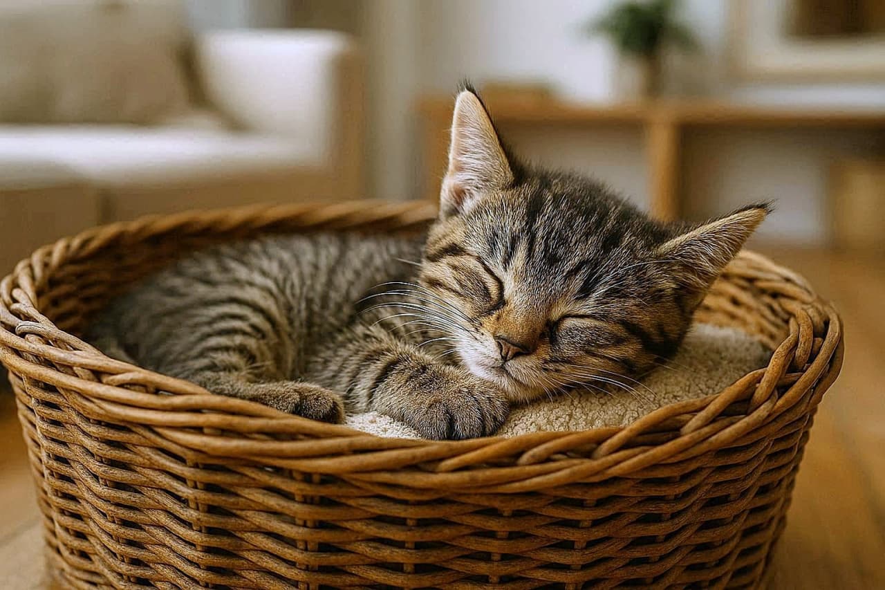 「すやすや…世界でいちばん安心できる場所、それはこのベッドの中」茶トラの子猫が、使い込まれた籐製の猫ベッドで穏やかに眠っている。背景にはリビングの家具と観葉植物がぼんやりと映っている A tabby kitten sleeps peacefully in a well-worn wicker cat bed, with a cozy living room in the background.