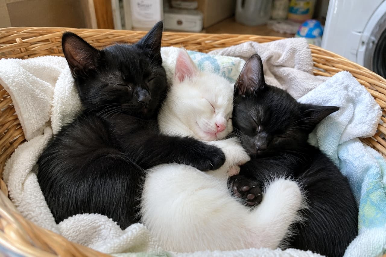 「黒・白・黒の並びが可愛すぎる🐈‍⬛🤍タオルに包まれて安心しきった寝顔に思わず笑顔がこぼれますね✨」Ultra-realistic high-quality photograph of three kittens sleeping closely together on soft towels in a wicker laundry basket. A pure white kitten is resting in the center, hugged by two solid black kittens on either side, creating a beautiful black-and-white contrast under cozy indoor lighting. ランドリーバスケットの中、水色と白のふかふかタオルの上で身を寄せ合って眠る3匹の子猫。真っ白な子猫を中央にして、2匹の黒猫が両サイドからハグをするように優しく包み込んで熟睡しており、白と黒の美しいコントラストが柔らかな室内光でリアルに表現されています