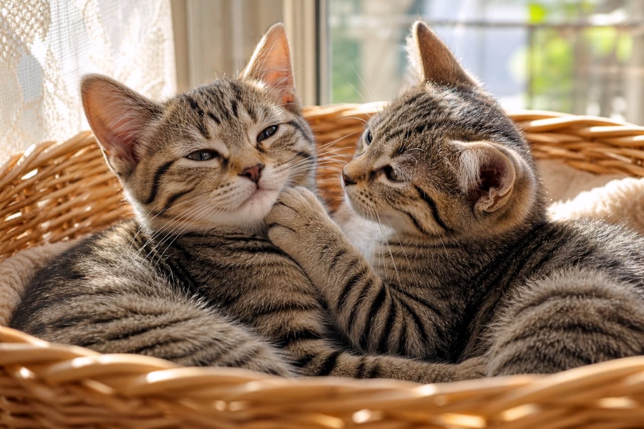 「「だいすきだよ」とヒソヒソ話をしているみたい🐾身を寄せ合う2匹のぬくもりに、心までぽかぽか温まりますね🐱💕」Ultra-realistic high-quality photograph of two brown tabby kittens cuddling together in a wicker basket by a sunlit window, with one kitten gently resting its paw on the other's chin. 陽の光が差し込む窓辺の籐かごの中に2匹のキジトラ子猫がいます。左側の子猫は目を細めて寛ぎ、右側の子猫は左の子のあごに前足を優しく添えて見つめ合っている、温かな雰囲気が魅力的な情景