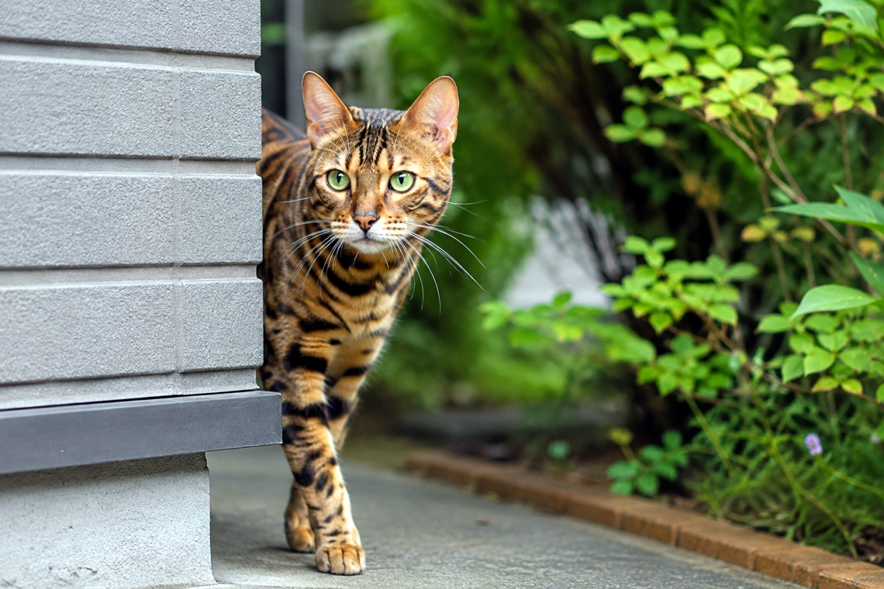 「お庭の異常はニャイかパトロール中🐈🔥キリッとしたお顔とグリーンの瞳がかっこよすぎますよね🌿✨ #ベンガル猫 #ニャルソック #お散歩猫 #猫のいる暮らし」Ultra-realistic high-quality photograph of an alert adult Bengal cat peering around a grey building corner into a garden. Its perked ears, clear green eyes, and distinct wild leopard-spotted coat are strikingly contrasted against the vibrant green plants in the softly blurred background. 庭のグレーの壁の奥から、ピンと耳を立てて顔と前足を出している大人のベンガル猫。周囲を警戒しながらも見据える透明感のあるグリーンの瞳と、野性味あふれるくっきりとしたヒョウ柄の被毛が印象的です。背景の鮮やかな植物の緑が、猫の黄金色の毛並みを美しく際立たせています