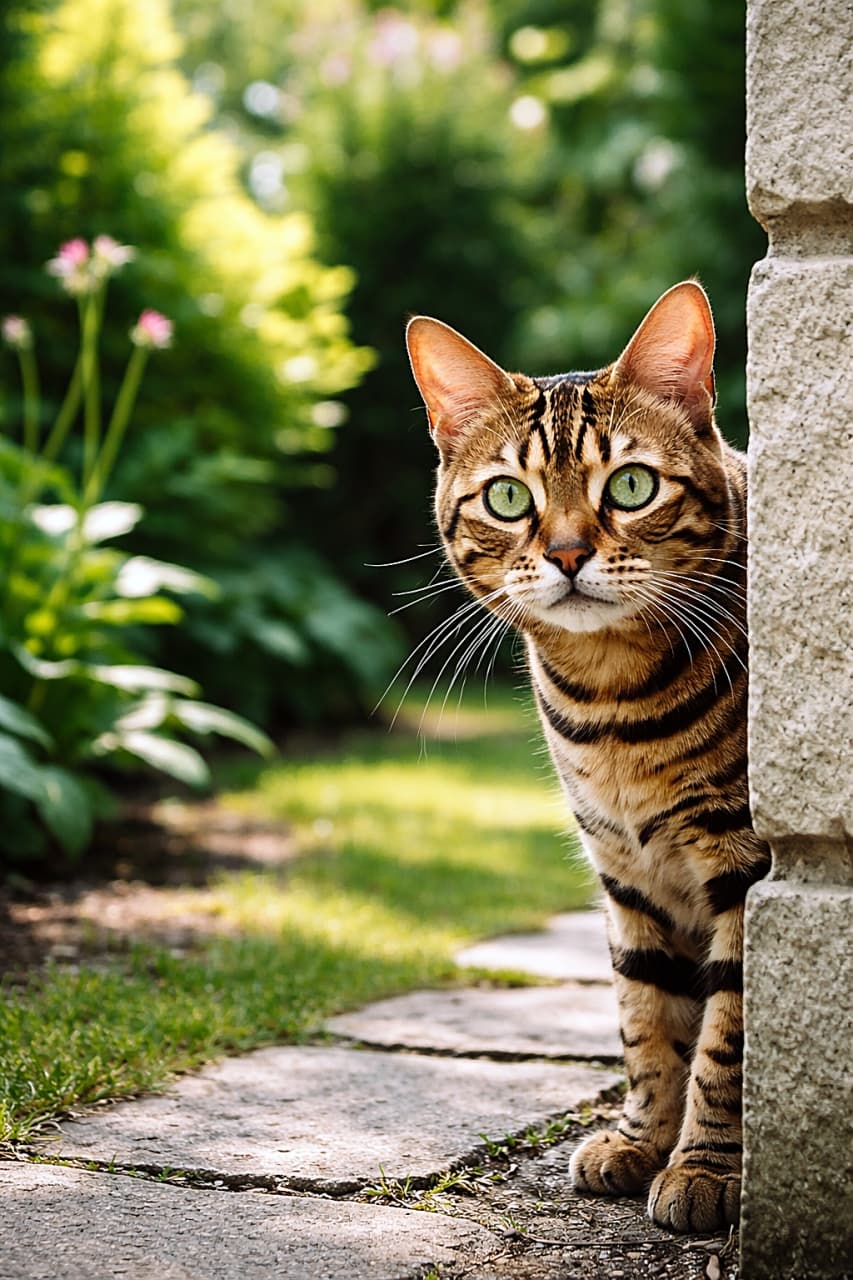 「お庭の平和はボクが守る!角からキリッと見回るベンガル警備隊長」An alert adult Bengal cat with perked ears peering around the corner of a stone building while patrolling its garden territory, photorealistic. 庭を縄張り巡回中に、石造りの建物の角から警戒しながら顔をのぞかせる成猫のベンガル猫