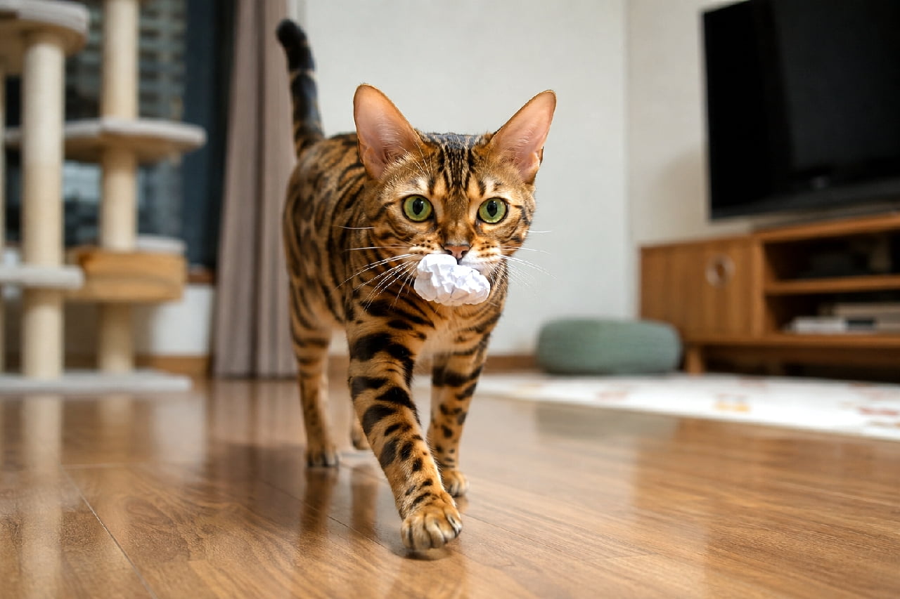 「見て見て!獲物を捕まえたよ🐱📝紙玉をくわえてトコトコ歩くドヤ顔のベンガルちゃんがたまらないですね💕 #ベンガル猫 #ドヤ顔 #猫のいる暮らし」Ultra-realistic high-quality photograph of a Bengal cat walking towards the camera on a wooden floor in a living room. It proudly carries a crumpled paper ball in its mouth, with large emerald-green eyes looking forward. Its beautiful rosette-patterned coat is highlighted by soft indoor lighting. リビングルームのフローリングをこちらに向かって歩くベンガル猫。口にはくしゃくしゃの紙玉をくわえ、エメラルドグリーンの大きな瞳で得意げにカメラを見つめています。美しいロゼット模様の被毛が室内の柔らかな光に照らされ、しなやかなポーズが際立っています