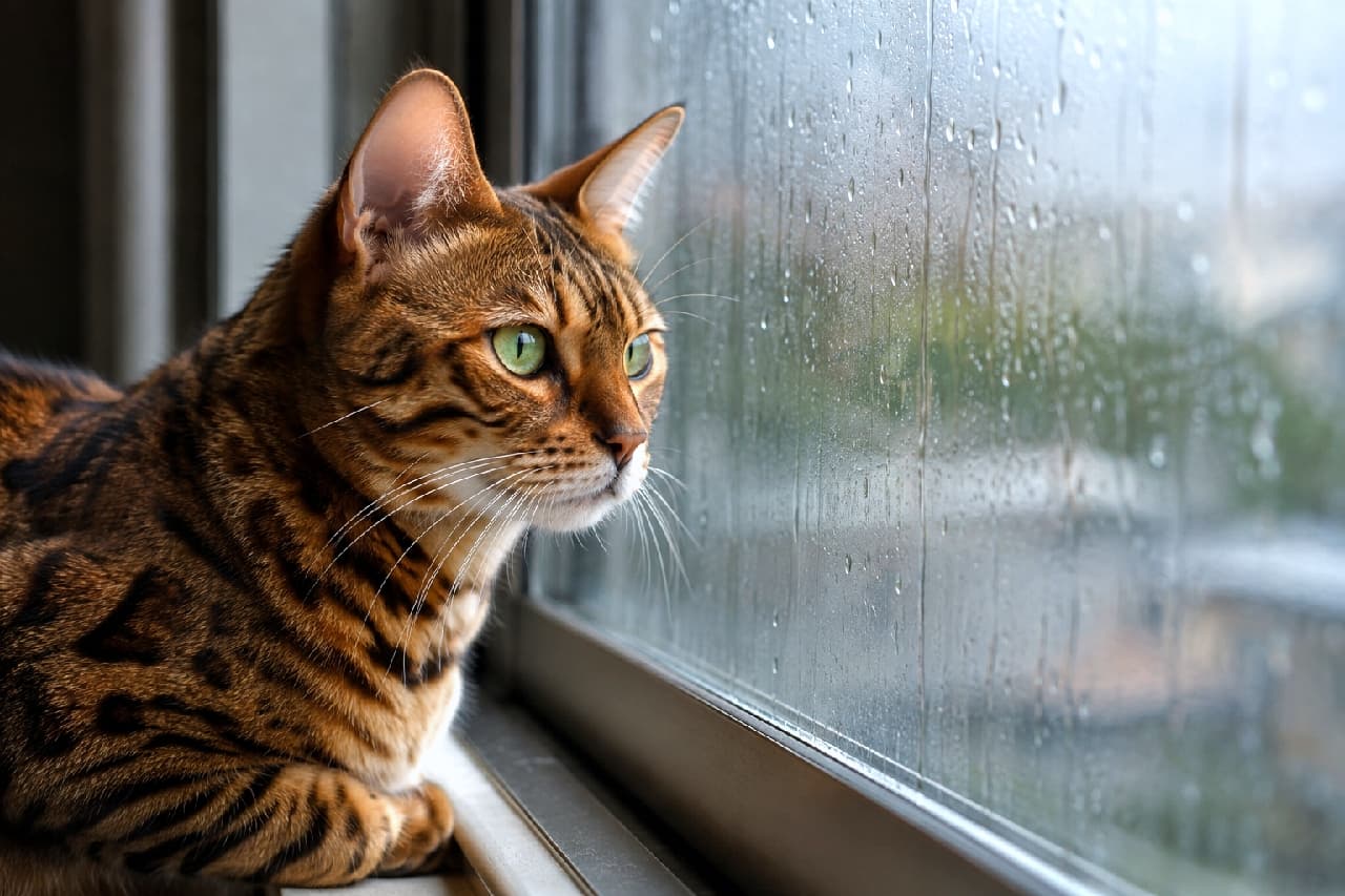 「黄雨音を聴きながら何を考えているのかな?💭物憂げな横顔と雨粒のコラボが最高にエモいです🌧️🐾 #ベンガル猫 #雨の日 #猫のいる風景」Ultra-realistic high-quality photograph of a Bengal cat sitting quietly by a glass window covered in raindrops, looking outside. Its soft green eyes and the brown tabby markings illuminated by gentle indoor light create an emotional and serene scene perfectly suited to a rainy day. 無数の雨粒がつくガラス窓のそばに香箱座りをして、外の景色を静かに見つめているベンガル猫。憂いを帯びたような淡いグリーンの瞳と、しっとりとした室内光に照らされたブラウンのトラ柄模様が、雨の日の落ち着いた情景と見事に調和したエモーショナルな一枚