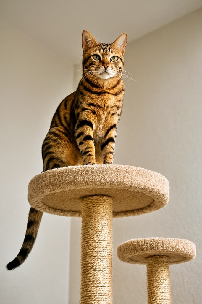 Photorealistic young Bengal cat perched on the highest platform of a floor-to-ceiling beige cat tree, looking down regally; golden-brown rosettes, green eyes; sisal-wrapped posts; soft natural light against an off-white wall, low-angle view. 床から天井まであるベージュのキャットタワー最上段に若く引き締まったベンガルが堂々と佇み、見下ろす視線。黄金ブラウンのロゼットと緑の瞳、サイザル柱、柔らかな自然光とオフホワイトの壁。低いアングル