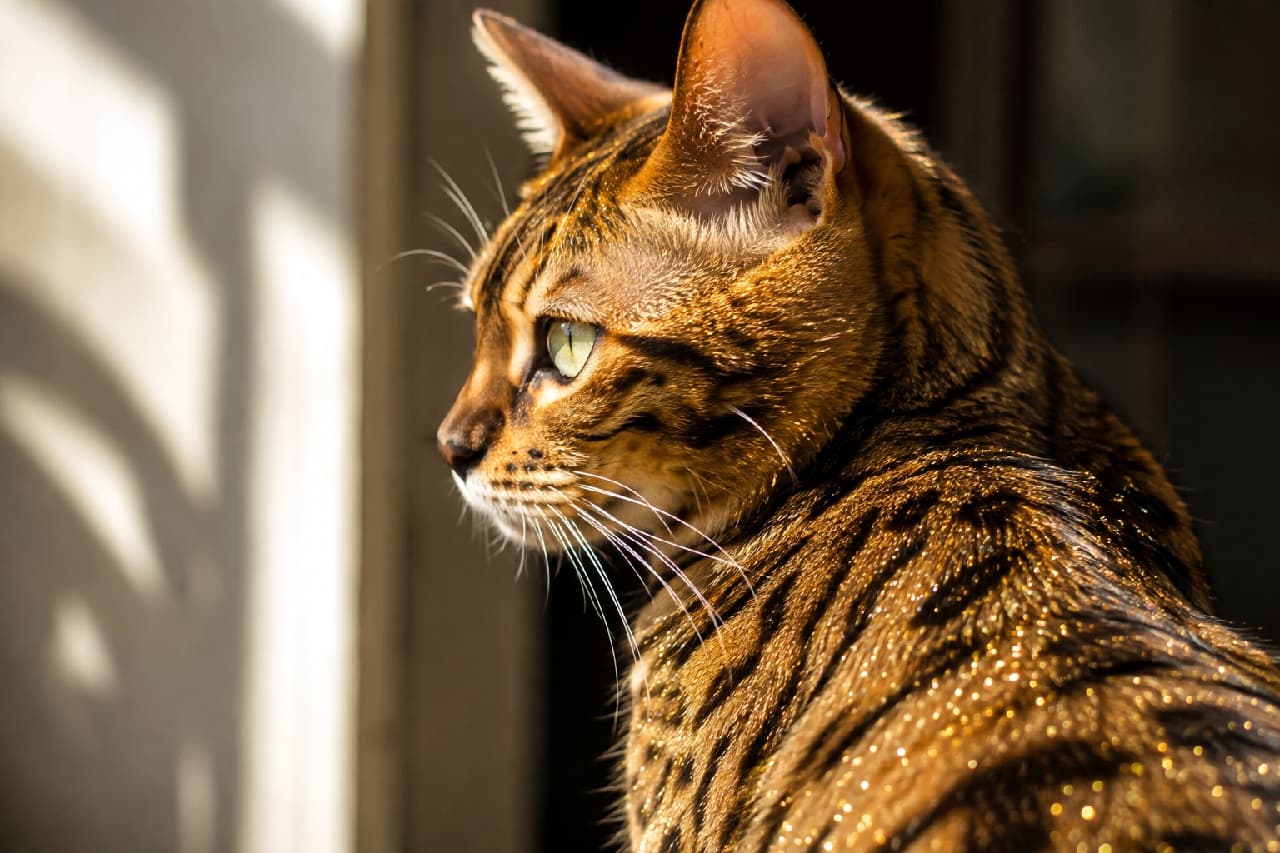 「黄金の彫刻みたい…✨太陽の光を浴びてキラキラ輝く毛並みの美しさにうっとりです🐈🌞 #ベンガル猫 #猫の横顔 #黄金色 #猫のいる暮らし」Ultra-realistic high-quality photograph of a beautiful Bengal cat's profile, its coat glowing brilliantly in golden sunlight. The dramatic interplay of light and shadow highlights its sharp contours, crisp whiskers, and clear green eyes, emphasizing the three-dimensional beauty of its rosette patterns. 強い日差しを浴びて、被毛が黄金色にキラキラと輝いているベンガル猫の美しい横顔。窓辺の光と影が顔の輪郭やピンと張ったヒゲ、透き通るようなグリーンの瞳をドラマチックに浮かび上がらせています。ロゼット模様の立体感が際立つ、芸術的で息を呑むような一枚
