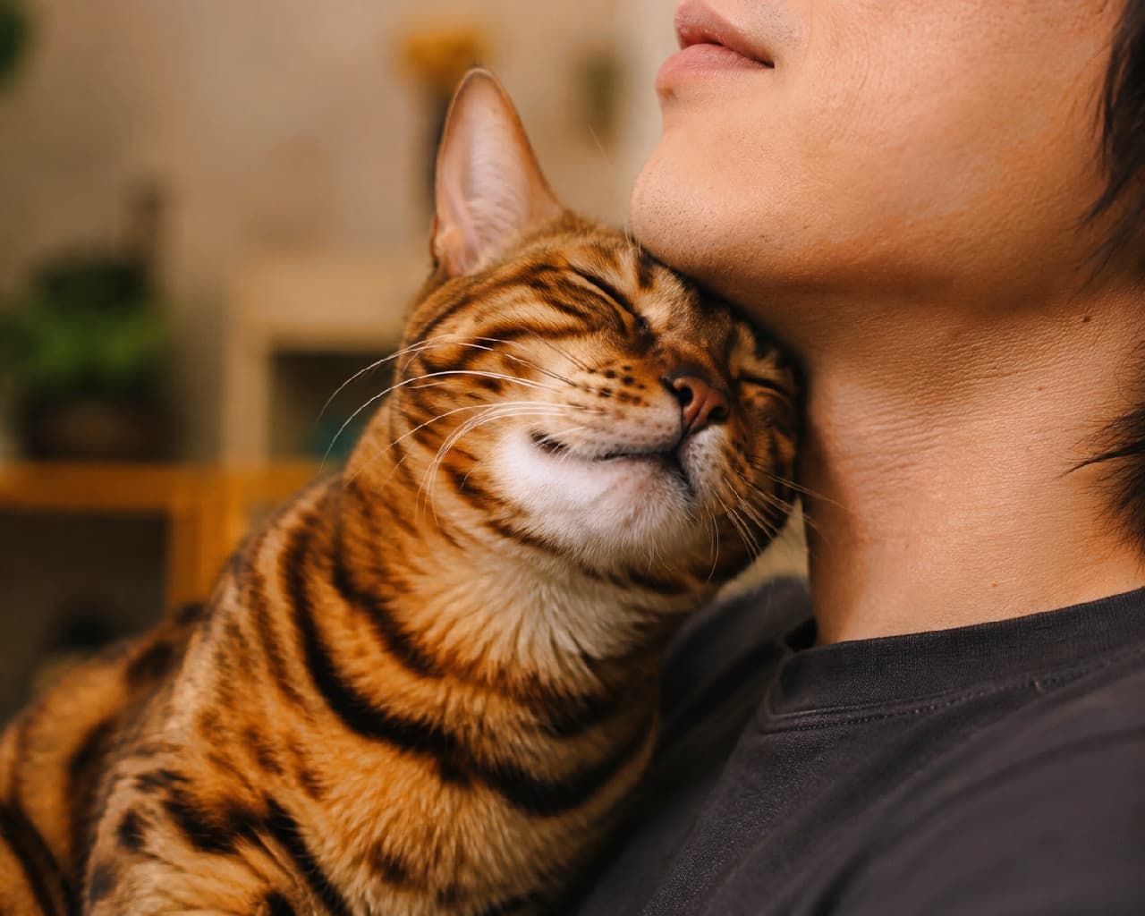「大好きな飼い主さんに全力でスリスリ🥰幸せそうに目を閉じるお顔に最高に癒やされますよね✨ #ベンガル猫 #甘えん坊猫 #猫との暮らし」Ultra-realistic high-quality photograph of an affectionate Bengal cat rubbing its face contentedly against its owner's neck. Captured in close-up under warm indoor lighting, the image deeply conveys the strong bond, love, and happiness between the human and the cat. 飼い主の男性の首元に、目を細めて気持ちよさそうに自分の顔をスリスリと擦り寄せるベンガル猫。美しいトラ柄模様の被毛と、愛情に満ちた幸せそうな表情が至近距離で捉えられています。暖色系の室内照明が、ふたりの親密で温かい絆を強調