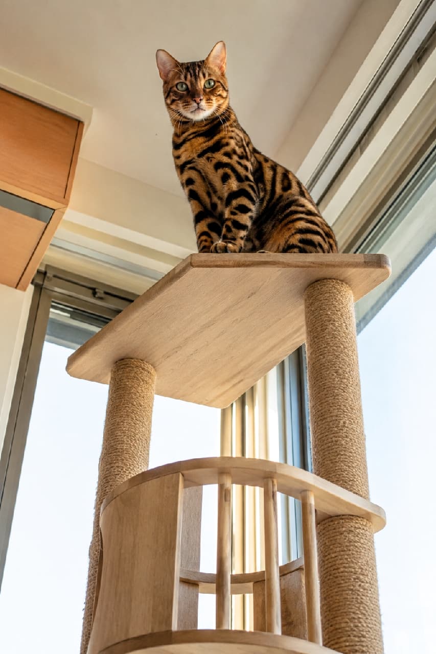 「キャットタワーのてっぺんから下界をパトロール中🐈✨見下ろすクールな視線がたまらないですよね🐾 #ベンガル猫 #キャットタワー #猫のいる暮らし」Ultra-realistic high-quality photograph of a majestic Bengal cat sitting on the top tier of a wooden cat tower, looking down at the camera. The bright natural light from the window highlights its golden coat, distinct black rosettes, and striking green eyes. 窓際の明るい自然光を背に、木製のキャットタワーの最上段にお座りをしてカメラを見下ろすベンガル猫。くっきりとした黒いロゼット模様と黄金色の被毛が美しく、グリーンの瞳が凛々しい表情を引き立てています