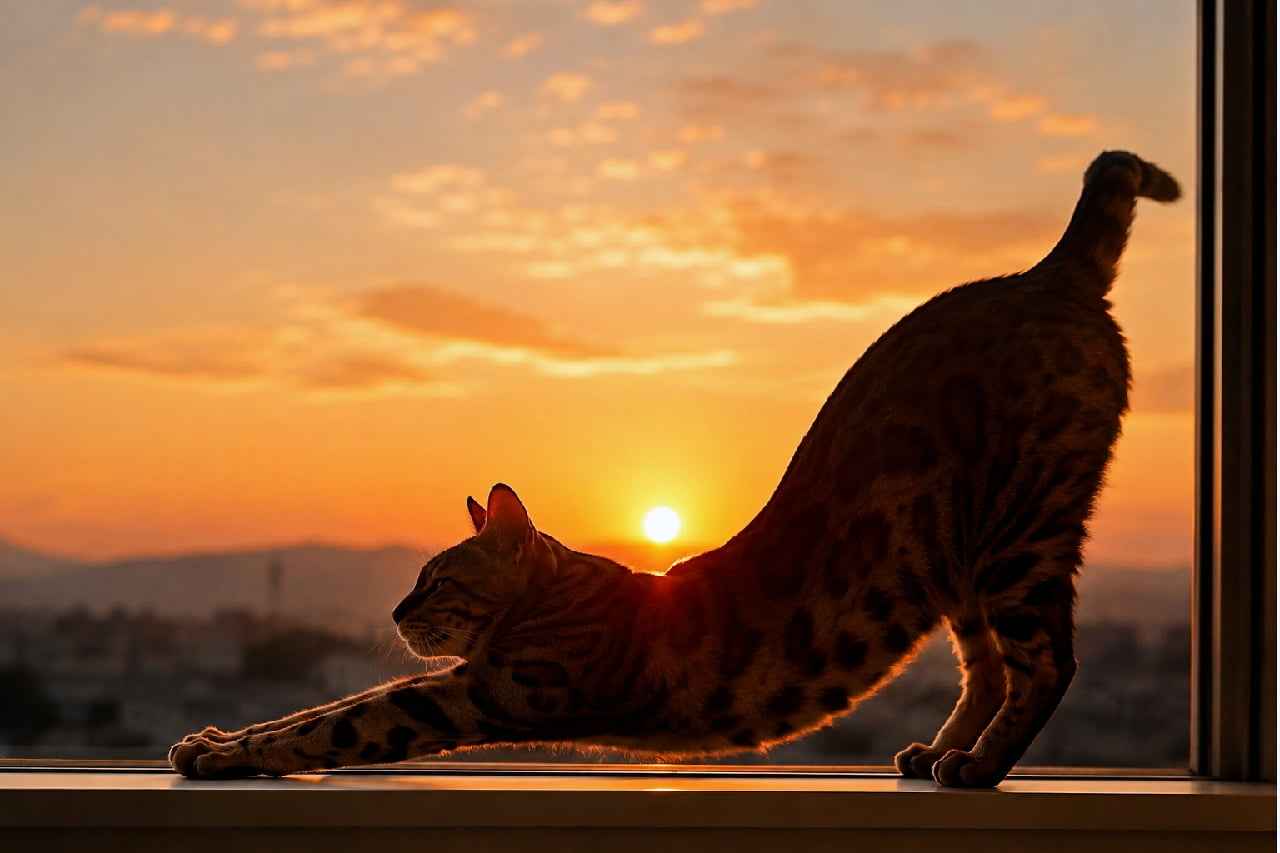 「綺麗な夕日を浴びてぐーんとストレッチ🌇🐈シルエットまで完璧なフォルムに惚れ惚れしちゃいますね🧡 #ベンガル猫 #夕焼け #ストレッチ」Ultra-realistic high-quality photograph of a Bengal cat dynamically stretching on a windowsill against a stunning orange sunset sky. The backlighting creates a beautiful silhouette while illuminating its leopard-spotted coat in a dramatic, artistic moment. 燃えるようなオレンジ色の夕焼け空を背景に、窓枠の上で前足を伸ばしてダイナミックに背伸びをするベンガル猫。逆光によって美しいシルエットが浮かび上がりつつ、特徴的なヒョウ柄の被毛が夕日に透けて輝く、非常にドラマチックで芸術的な瞬間