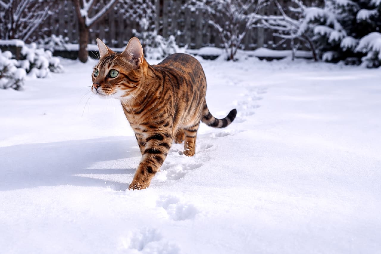 「雪遊びはお手のもの!🐾真っ白な雪とヒョウ柄のコントラストが最高にクールですよね⛄️✨ #ベンガル猫 #雪遊び #冬の風景」Ultra-realistic high-quality photograph of a Bengal cat walking through deep snow, leaving a trail of paw prints. Its beautiful golden coat with rosette patterns stands out vividly against the white snow, with sharp emerald green eyes looking forward. 真っ白な雪道に足跡を残しながら歩くベンガル猫。美しいロゼット模様の黄金色の被毛が雪の反射光で鮮やかに引き立ち、エメラルドグリーンの瞳が前方をしっかりと見据えています。冬の凛とした空気感と野生の力強さが伝わる情景