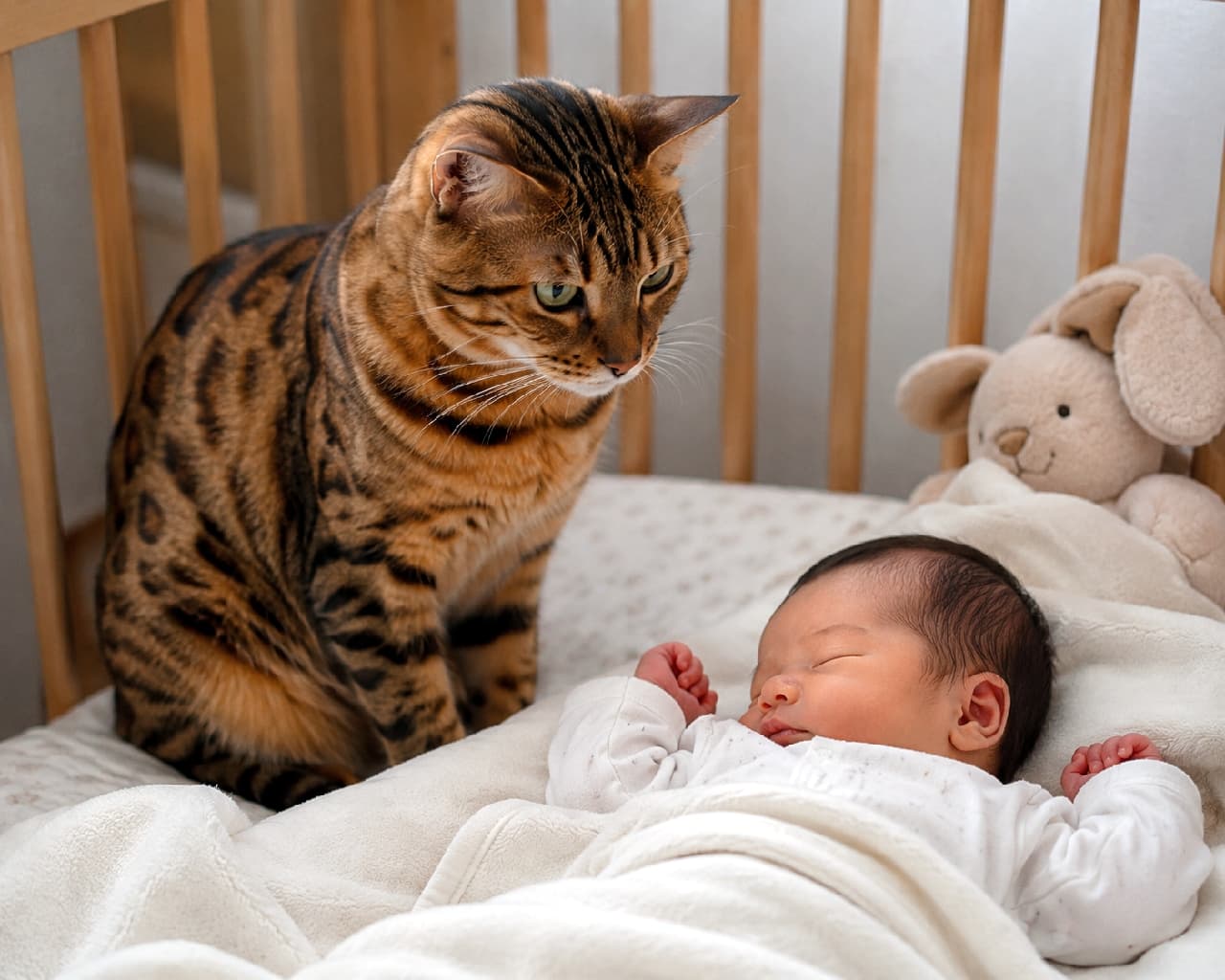 「小さな家族をしっかりガード👶🍼優しいお兄ちゃんのような眼差しに心がポカポカしますね❤️ #ベンガル猫 #赤ちゃんと猫 #見守り隊」Ultra-realistic high-quality photograph of a Bengal cat sitting in a wooden crib, gently watching over a sleeping baby. The cat's beautiful brown spotted coat and affectionate green eyes are highlighted in a warm, cozy indoor setting. 木製のベビーベッドでスヤスヤと眠る赤ちゃんを、すぐ傍で座ってじっと見つめるベンガル猫。美しいブラウンの被毛と、穏やかで愛情深いグリーンの瞳が印象的です。ふんわりとしたブランケットやぬいぐるみが、温かく優しい室内空間を演出