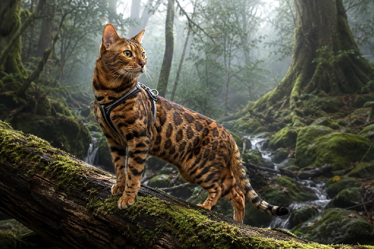 「森を探索する小さな冒険家を発見🔍🌲ハーネスをつけてキリッと立つ姿が頼もしいですね🐈🔥 #ベンガル猫 #猫キャンプ #お散歩猫」Ultra-realistic high-quality photograph of a Bengal cat wearing a harness, standing majestically on a mossy fallen log in a misty, enchanted forest. Its wild leopard coat and sharp gaze exude the powerful presence of a wild feline amidst the lush greenery and streams. 霧が立ち込める神秘的な森の中で、苔むした巨大な倒木の上に凛と立つハーネス姿のベンガル猫。周囲の豊かな緑と沢の風景の中で、野性味あふれるヒョウ柄の被毛と鋭い眼差しが、本物の野生ネコ科動物のような圧倒的な存在感を放っています