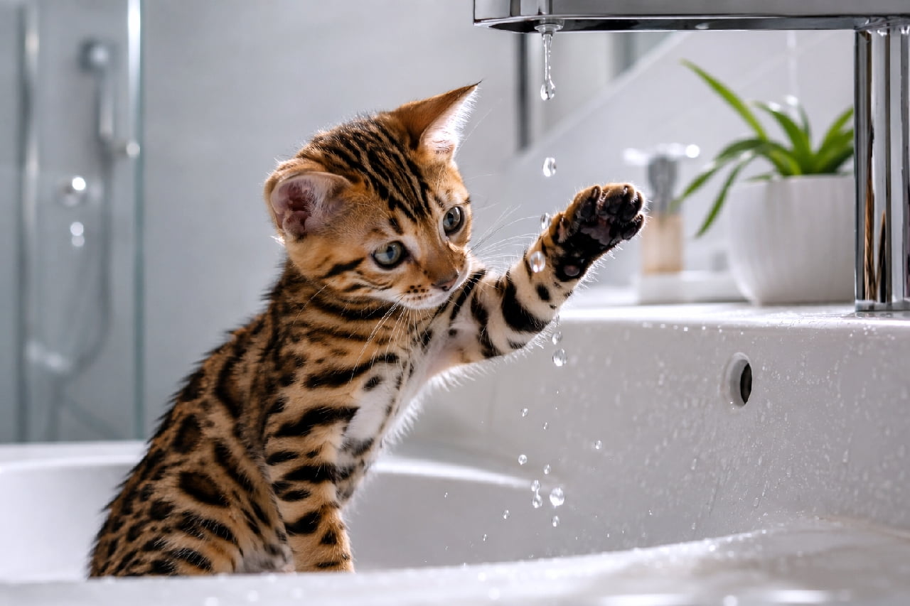 「お水とれるかな?💧🐾 水遊びが大好きなベンガルちゃん、真剣な横顔と伸ばしたお手てが愛おしいです🛁✨ #ベンガル猫 #水遊び #猫のいる生活 #猫のいる暮らし」Ultra-realistic high-quality photograph of a Bengal kitten reaching its paw toward water droplets falling from a modern faucet in a bright bathroom. Capturing the breed's love for water, the image beautifully details the splashing droplets, the wet texture of its wild coat, and the light reflecting off the tiles. 明るい洗面台で、蛇口から滴り落ちる水滴に向かって前足を伸ばすベンガル猫の子猫。水遊びを好むベンガルの特性らしく、興味津々な横顔と、空中で水を捉えようとする肉球が愛らしい瞬間です。飛び散る水しぶきや濡れた被毛の質感、タイルに反射する光がみずみずしく描写されています