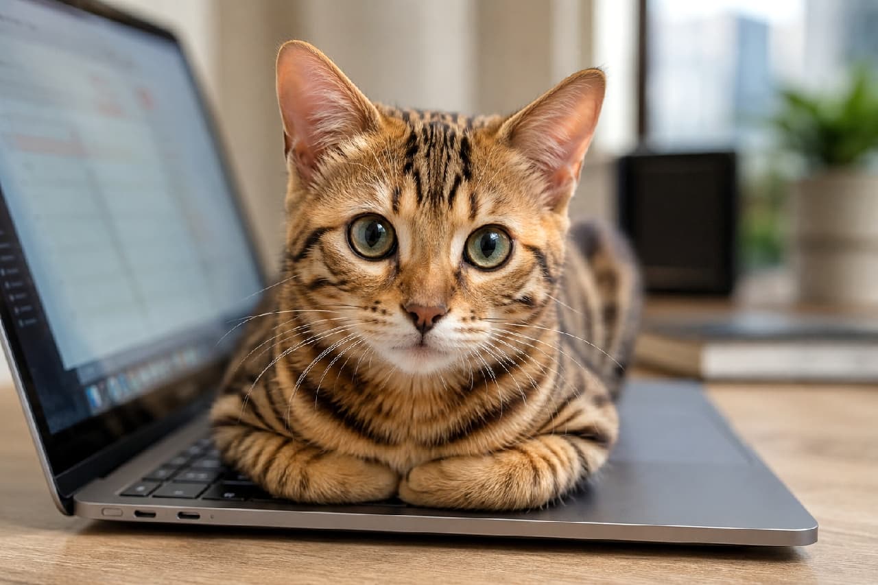 「お仕事中?それとも私と遊ぶ?💻🐾 パソコンの上を陣取るベンガルちゃんから目が離せません🥺✨ #ベンガル猫 #猫のいる暮らし #おじゃま虫」Ultra-realistic high-quality photograph of a Bengal kitten sitting on a laptop keyboard looking directly at the camera. The kitten features beautiful wild rosette patterns and large, clear green eyes. Soft natural light in a bright office background beautifully highlights the glossy texture of its coat. パソコンのキーボード上に香箱座りをしてこちらを見つめるベンガル猫の子猫。野生的なロゼット模様の美しい被毛、透き通るような大きなグリーンの瞳が印象的です。背景の明るいオフィス空間と柔らかな自然光が、子猫の毛並みのツヤ感を美しく際立てています