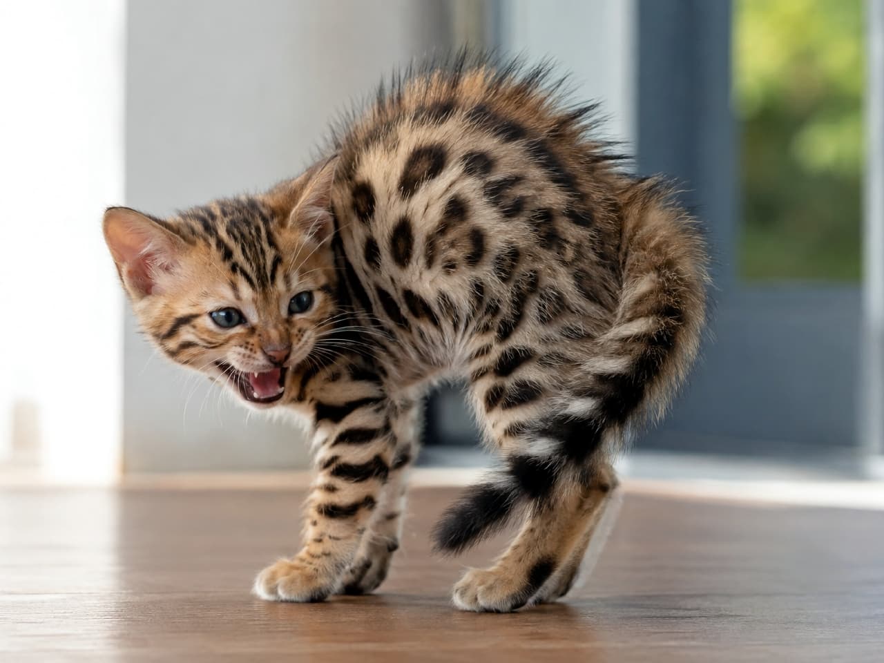 「わっ、びっくりしたニャ!🙀全身の毛を逆立てた全力の「やんのかステップ」も愛おしすぎますよね⚡️💕 #ベンガル子猫 #やんのかステップ #子猫のいる生活」Ultra-realistic high-quality photograph of a startled Bengal kitten on a bright indoor wooden floor, with its fur completely raised. It arches its back and puffs its tail in a defensive posture, yet its innocent bluish eyes and tiny fangs reveal an adorable expression. The contrast between its wild rosette patterns and soft lighting is beautifully captured. 明るい室内のフローリングで、何かに驚いて全身の毛を逆立てているベンガル猫の子猫。背中を丸め、尻尾を太くした威嚇のポーズをとりながらも、あどけない青みがかった瞳と小さな牙をのぞかせる表情が愛らしいです。野生味あるロゼット模様と柔らかな光のコントラストが美しい一枚
