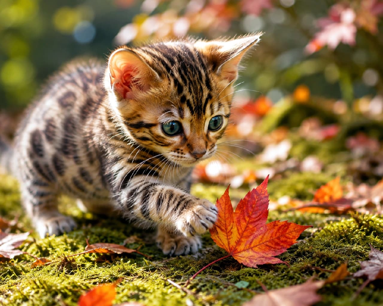 「秋の訪れを発見🍁✨ 真っ赤なもみじにそっとタッチするベンガルちゃん、まるで森の妖精みたいですね🐈🍂 #ベンガル猫 #紅葉 #秋の風景 #猫のいる暮らし」Ultra-realistic high-quality photograph of a Bengal kitten gently placing its paw on a bright red fallen maple leaf on soft green moss, bathed in soft autumn sunlight. The kitten's sparkling blue-green eyes and wild leopard coat create a stunning and magical contrast with the vivid autumn colors of the background. 秋の柔らかい木漏れ日の中、ふかふかの緑の苔の上に落ちた鮮やかな赤いもみじの葉に、そっと前足を乗せるベンガル猫の子猫。キラキラと輝くブルーグリーンの瞳と、野性味ある豹柄の被毛が、周囲の秋の色彩と見事なコントラストを描く、幻想的で美しい情景