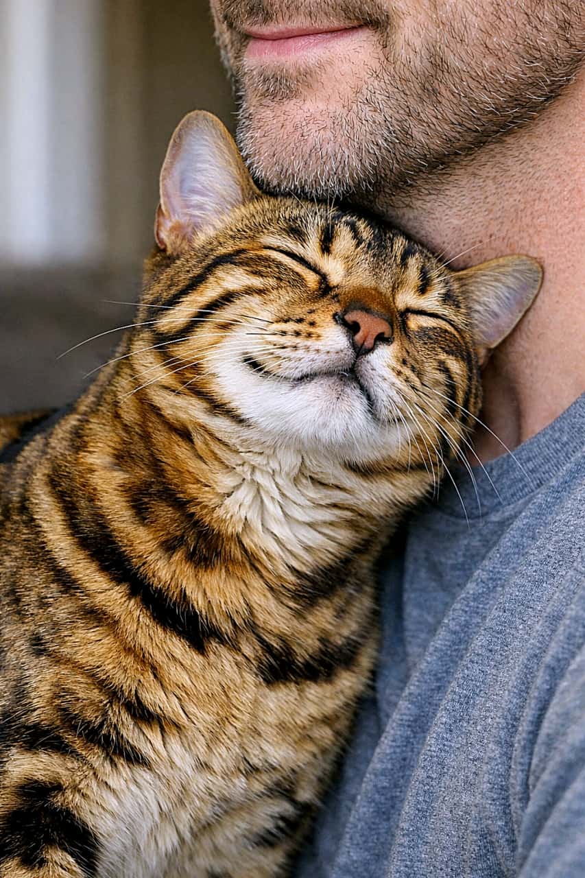 「顎すりすりで愛情チャージ完了の瞬間」A photorealistic close-up of a content adult Bengal cat with eyes closed in bliss, rubbing its head affectionately against its owner’s chin in warm natural light. 暖かな自然光の中、目を閉じて幸せそうに飼い主の顎に頭をすり寄せる成猫のベンガル猫のフォトリアルなクローズアップ