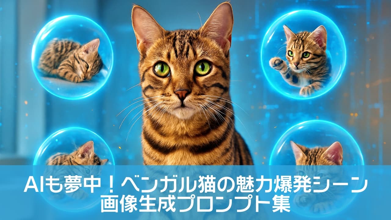 A photorealistic adult Bengal cat with bright green eyes sits in the center of a futuristic room, surrounded by glowing holographic bubbles. Each bubble contains a vivid micro-scene of a Bengal kitten: one sleeping curled up, one playing with a water droplet, one pouncing on a toy, and one licking its paw. The background features sleek interior design and glowing blue and gold data streams. 緑の瞳を持つ写実的なベンガル成猫が未来的な室内の中央に座り、周囲にはホログラフィックバブルが浮かぶ。各バブルには、眠る子猫、水滴で遊ぶ子猫、おもちゃに飛びかかる子猫、前足を舐める子猫のミクロシーンが描かれている。背景には洗練されたインテリアと青・金色のデータストリームが流れる