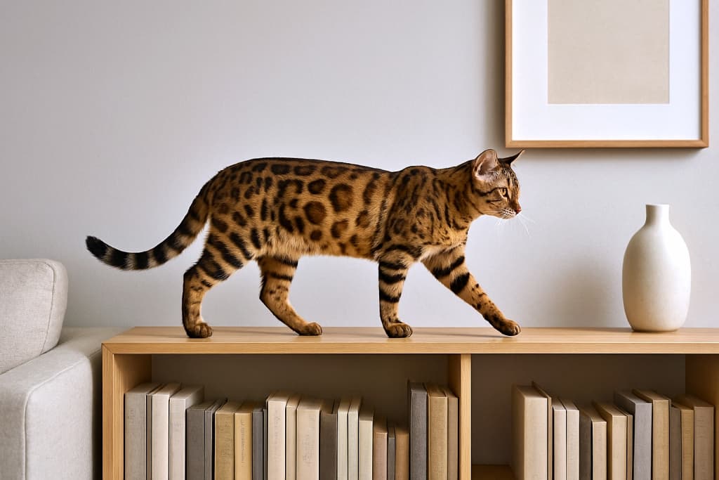 A photorealistic Bengal cat with a golden-brown coat and dark rosettes walks gracefully along a minimalist wooden bookshelf in a modern living room with soft natural lighting. 黄金色の毛並みにロゼット模様が美しいベンガル猫が、柔らかな自然光に包まれたモダンなリビングのミニマルな木製本棚の上を優雅に歩いている
