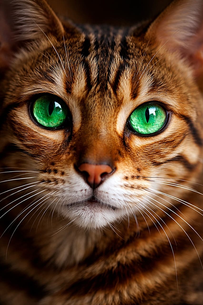「吸い込まれるエメラルドの瞳。視線で語るベンガルの美」Extreme close-up portrait of a mature Bengal cat with vivid emerald green eyes glowing in soft indoor light, photorealistic and high resolution 柔らかな室内光に照らされ、鮮やかなエメラルドグリーンの瞳が輝く成熟したベンガル猫の超接写ポートレート