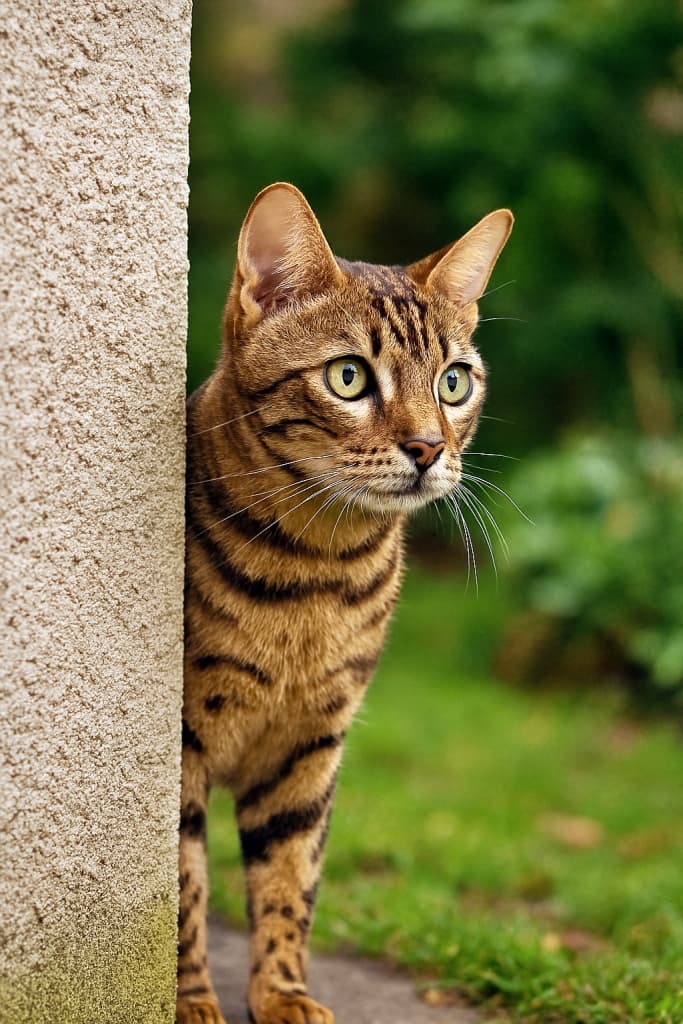 A photorealistic Bengal cat with perked ears peers around a stucco wall in a lush garden, alert and focused as it patrols its territory. 写実的なベンガル猫が耳を立てて庭の壁から顔を覗かせ、縄張りを警戒しながら見張っている姿