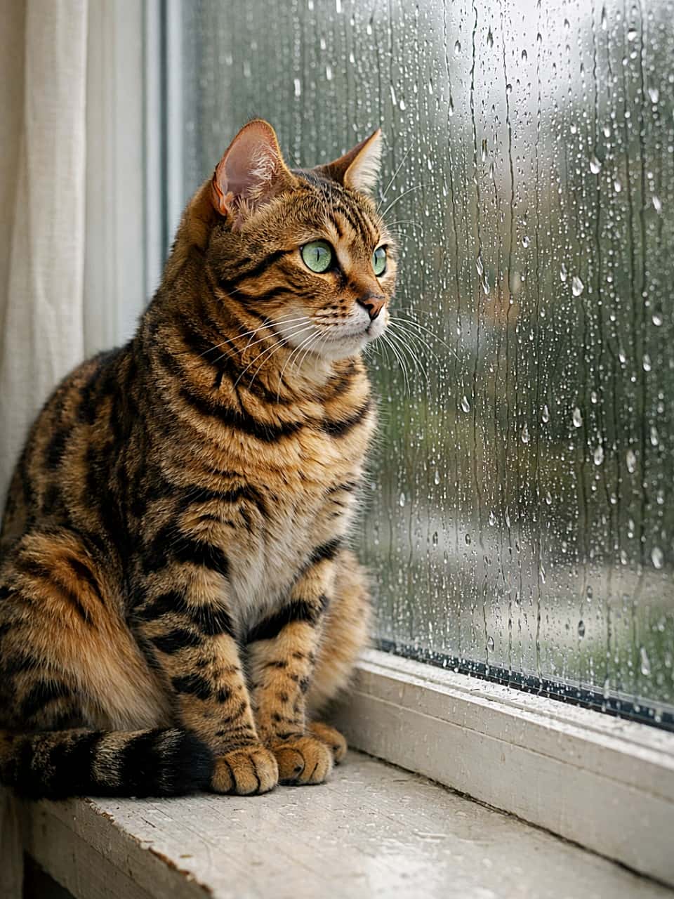 「雨の日も悪くないにゃ。グリーンの瞳でしっとり物思い中🐾」A photorealistic image of a Bengal cat with striking green eyes sitting on a white windowsill, gazing thoughtfully through rain-streaked glass on a cloudy day. 白い窓辺に座り、雨粒のついたガラス越しに物思いにふけるように外を見つめる、鮮やかなグリーンの瞳を持つベンガル猫のフォトリアル画像