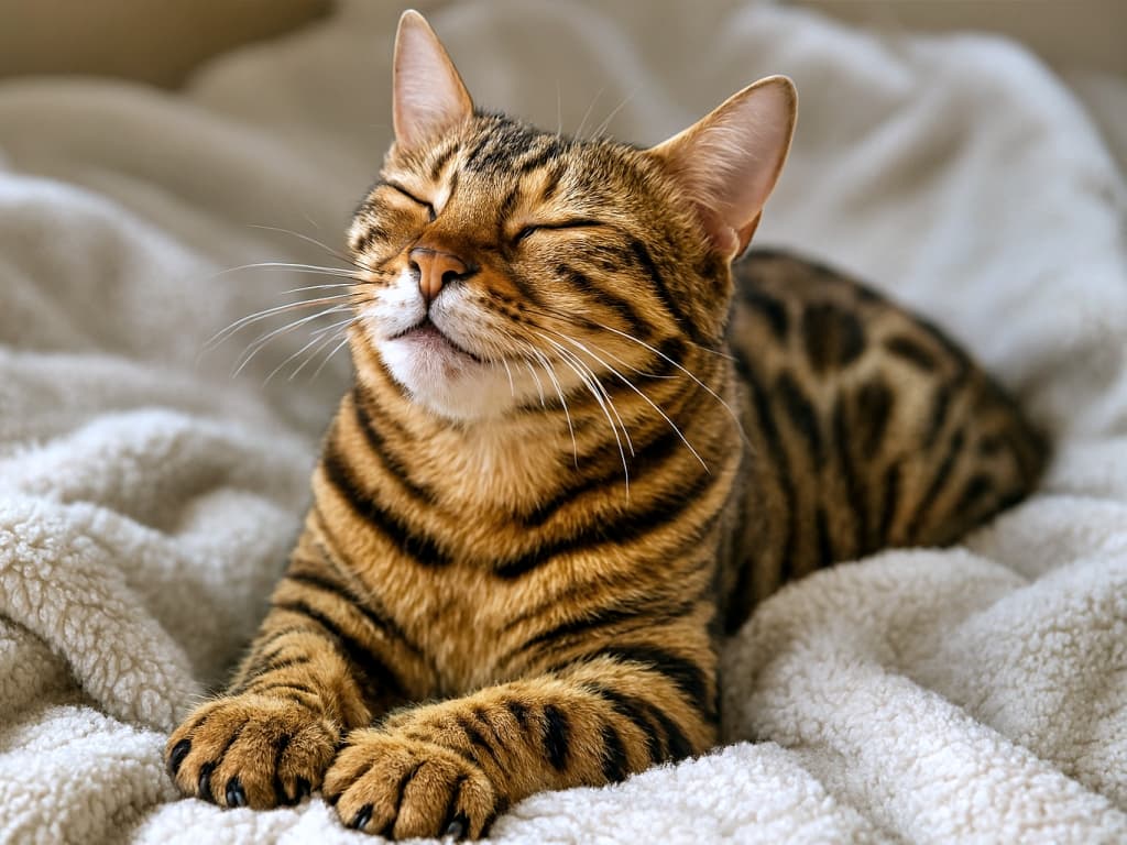A photorealistic Bengal cat with golden rosettes kneading a plush blanket, eyes half-closed in bliss. 金色のロゼット模様を持つベンガル猫が、ふわふわの毛布をふみふみしながら、うっとりと目を細めているフォトリアルな描写