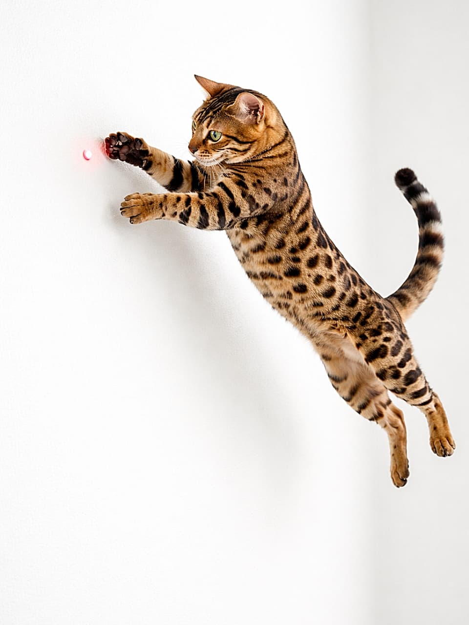 「レーザードット一直線!空中ハンター降臨✨」A sleek Bengal cat captured mid-air as it leaps toward a small red laser dot on a white wall, its body fully extended and eyes intensely focused. High-resolution, photorealistic image. 白い壁に映る赤いレーザーポインターの点を狙い、体を大きく伸ばして空中ジャンプするベンガル猫の高解像度フォトリアル画像