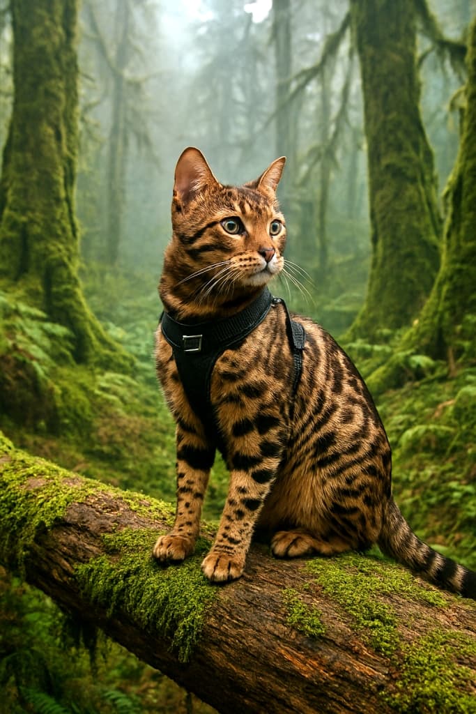 A photorealistic Bengal cat wearing a harness stands calmly on a mossy log in a misty ancient forest, surrounded by towering trees and soft fog. ハーネスを着けたベンガル猫が、霧に包まれた古代の森の苔むした倒木の上に穏やかに立っている。周囲には苔に覆われた巨木と柔らかな霧が広がる