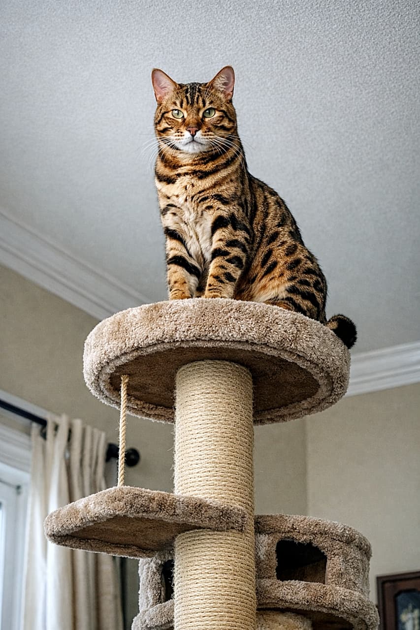 「てっぺん制覇!王様気分のベンガル様」A young athletic Bengal cat with a golden-brown coat and dark rosettes perched majestically on the highest platform of a tall floor-to-ceiling cat tree, looking down with a regal expression in a softly lit room. 柔らかな室内光の中、床から天井まであるキャットタワーの最上段に堂々と座り、王者のような表情で見下ろす若くて筋肉質なベンガル猫