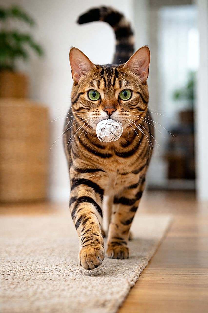「紙ボール持参でドヤ顔帰還!賢すぎるベンガルの本気フェッチ🐾」A smart Bengal cat trotting proudly toward the camera indoors, carrying a small crumpled paper ball in its mouth, photorealistic and high resolution. 室内でカメラに向かって誇らしげに歩いてくる、くしゃくしゃの紙ボールをくわえた賢そうなベンガル猫の高解像度フォト