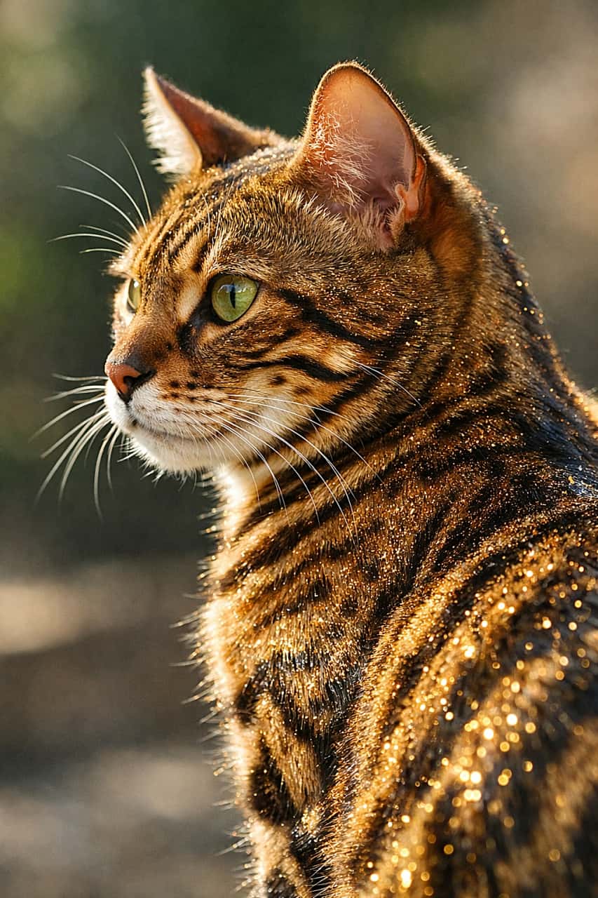 「太陽をまとったベンガルの輝き、キラキラ無敵の横顔✨」Close-up profile of a Bengal cat in direct sunlight, showcasing the sparkling golden glitter effect on its short, dense coat with vivid green eyes and sharp rosette markings. 直射日光の中で横顔を見せるベンガル猫。短く密な被毛に金色のグリッターがきらめき、鮮やかな緑の瞳とロゼット模様が際立っている