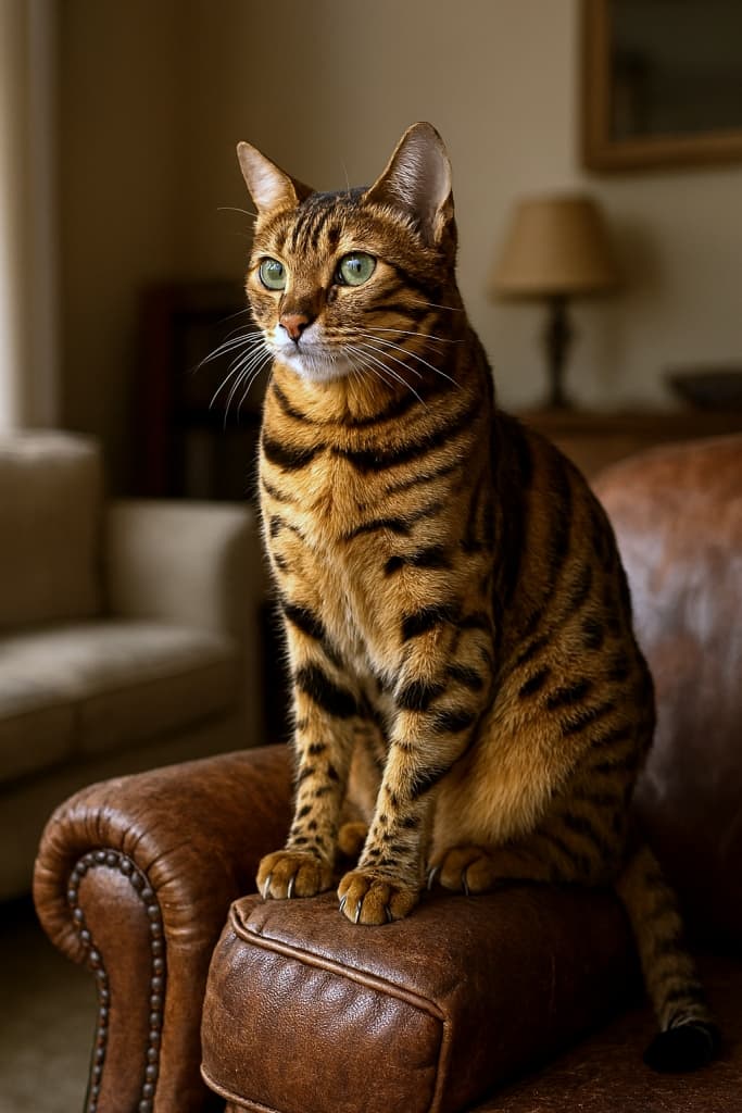 A photorealistic Bengal cat sits regally on the arm of a vintage leather armchair in a warmly lit living room, gazing into the distance like royalty. フォトリアルなベンガル猫が、暖かい光に包まれたリビングでヴィンテージ革張りの肘掛け椅子に威厳たっぷりに座り、遠くを見つめている
