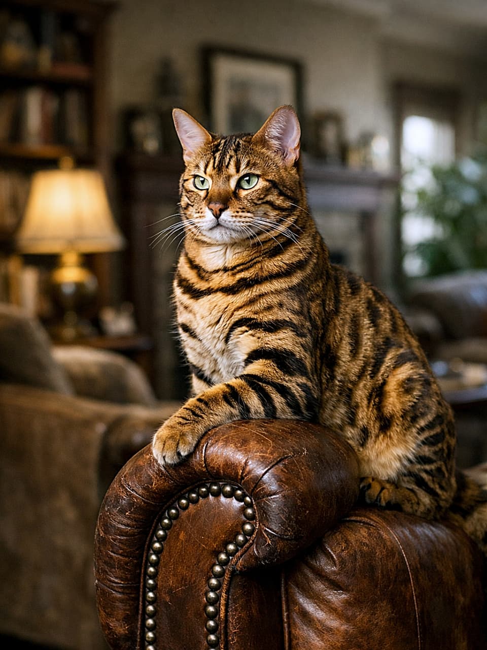 「革張りチェアの王様、今日もリビング統治中」Photorealistic Bengal cat sitting regally on the arm of a vintage leather armchair, surveying a cozy living room with warm lighting. ヴィンテージの革張りアームチェアの肘掛けに堂々と座り、リビングを見渡すベンガル猫のフォトリアル画像