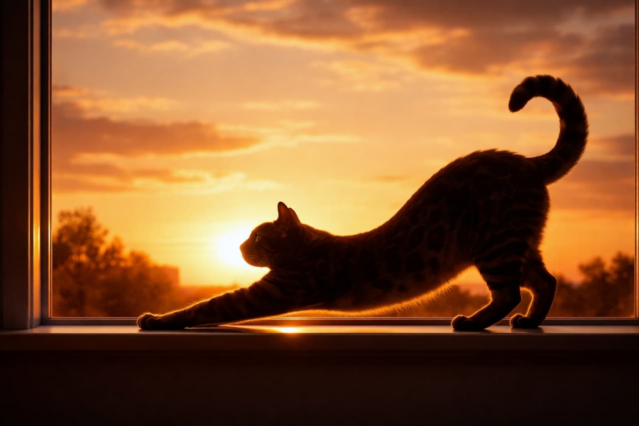 「夕焼けを背に、今日いちばんのび〜っ!」Silhouette of an adult Bengal cat stretching gracefully on a windowsill against a warm orange sunset sky, photorealistic high-resolution image. 暖かなオレンジ色の夕焼け空を背景に、窓辺で大きく伸びをする成猫のベンガル猫の美しいシルエット