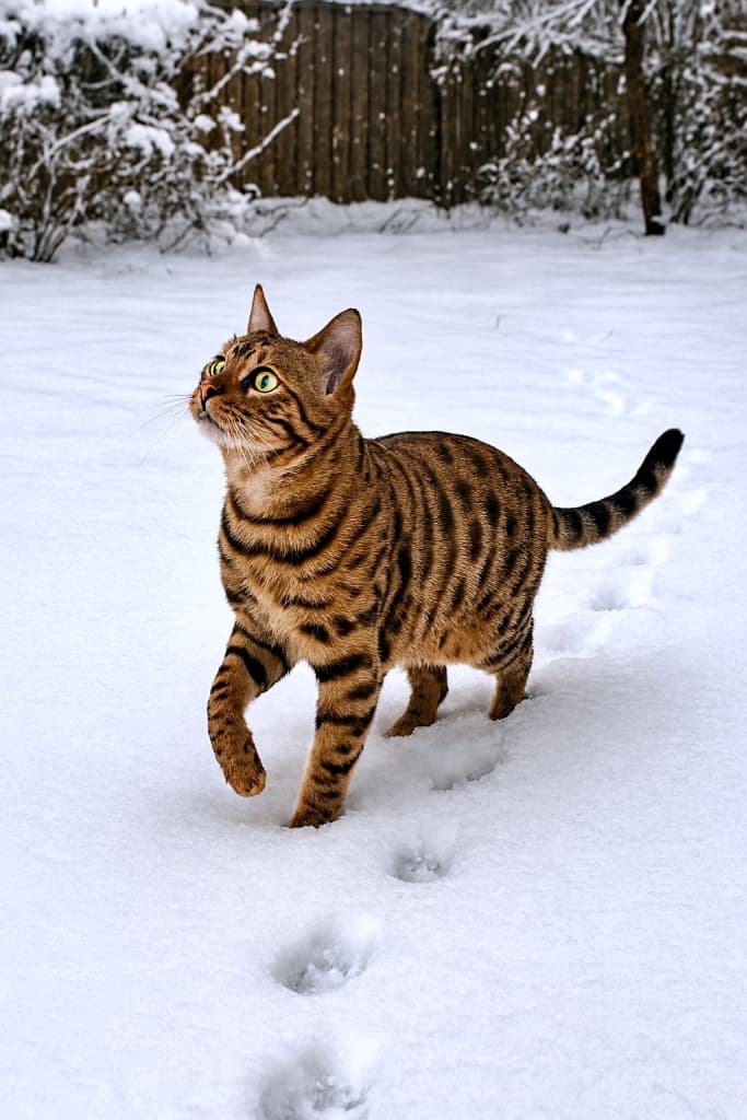 A photorealistic Bengal cat with wide eyes walks through fresh snow in a backyard, leaving crisp paw prints behind. 雪の積もった裏庭を歩くベンガル猫。好奇心に満ちた表情で足跡を残しながら進む、写実的な一枚