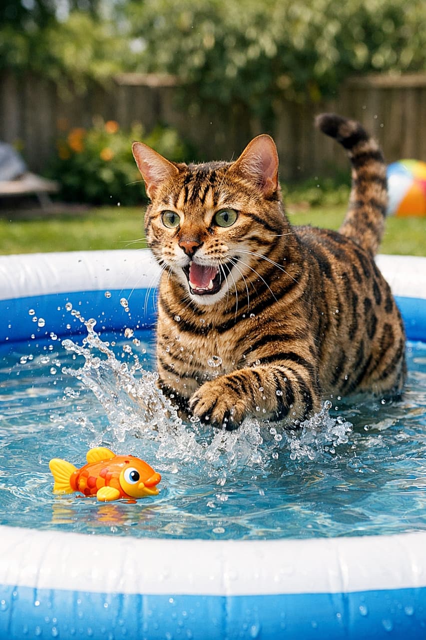 「水しぶき全開!夏を満喫するベンガル王子🐟💦」A playful Bengal cat splashing energetically in a shallow inflatable backyard pool, chasing a bright orange floating toy fish under sunny daylight. 晴れた庭の浅いビニールプールで、水しぶきを上げながらオレンジ色の浮かぶおもちゃの魚を追いかけるベンガル猫