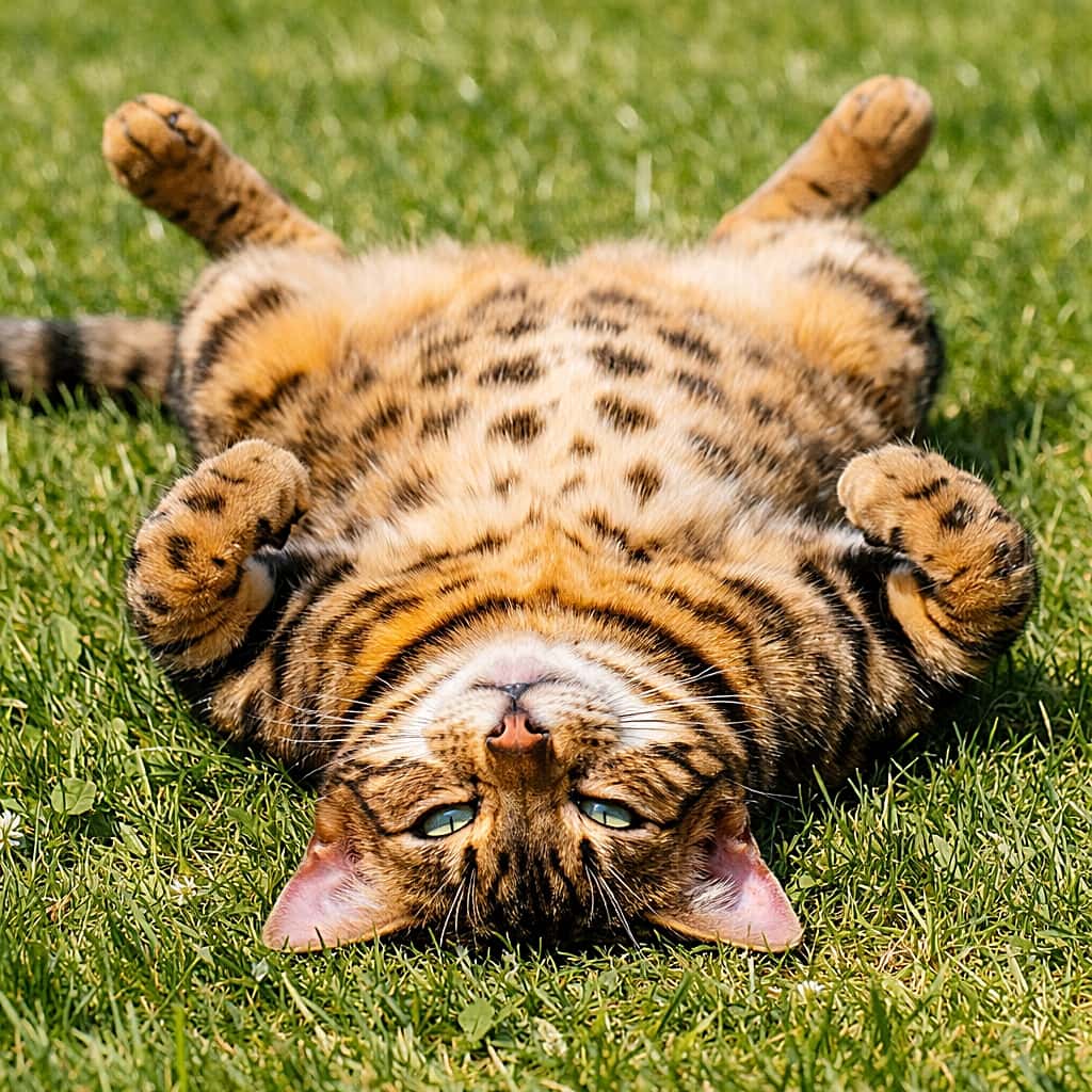 「お腹まる見せ全開!芝生でごろにゃん日光浴」Photorealistic image of a relaxed adult Bengal cat lying completely upside down on a lush green lawn, exposing its beautifully spotted belly to the warm sunlight. 青々とした芝生の上で完全に仰向けになり、斑点模様の美しいお腹を太陽に向けてくつろぐ成猫のベンガル猫のフォトリアルな写真