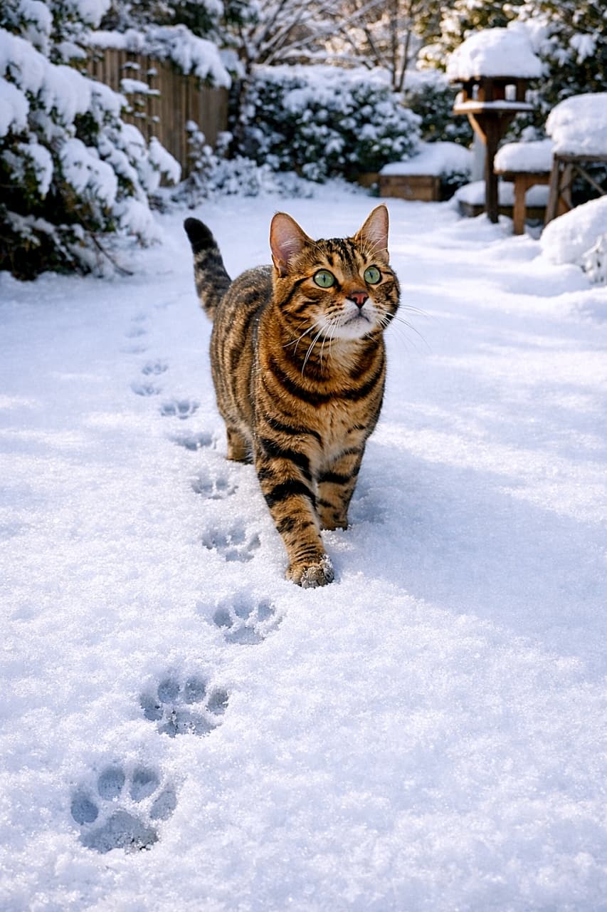 「はじめての雪にワクワク!足跡が冒険のはじまり」An adventurous adult Bengal cat walking through fresh untouched snow in a backyard, leaving a trail of clear paw prints behind, sunlight illuminating its green eyes and golden rosette coat. 新雪の庭を歩き、くっきりとした足跡を残す冒険心あふれる成猫のベンガル猫。陽光に照らされた緑の瞳とロゼット模様が印象的
