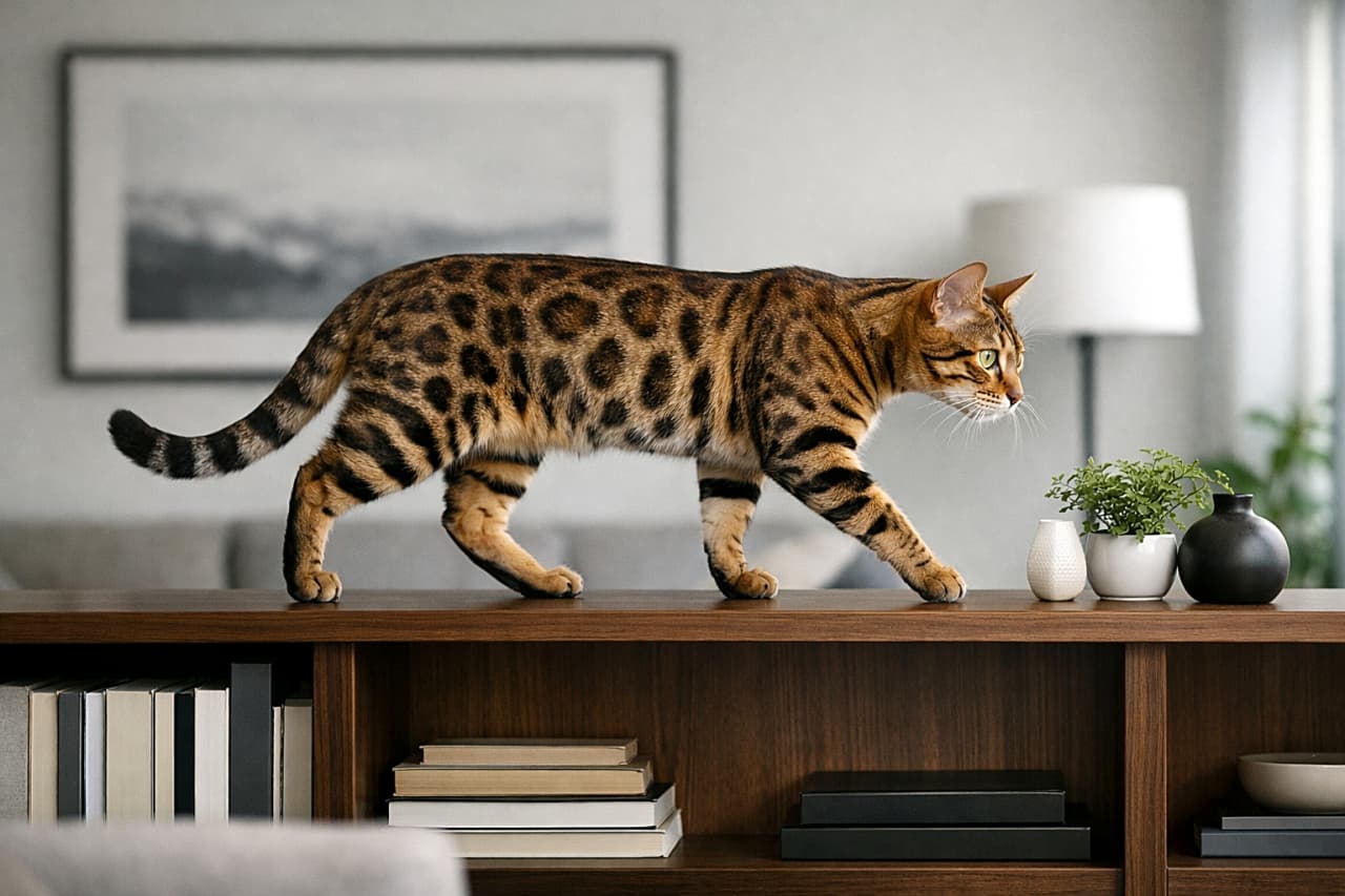 「本棚の上をモデル歩き。静寂をまとったベンガルの優雅な一歩」A photorealistic Bengal cat walking gracefully along the top of a sleek wooden bookshelf in a modern minimalist living room. モダンでミニマルなリビングの木製本棚の上を、優雅に静かに歩くベンガル猫のフォトリアル画像