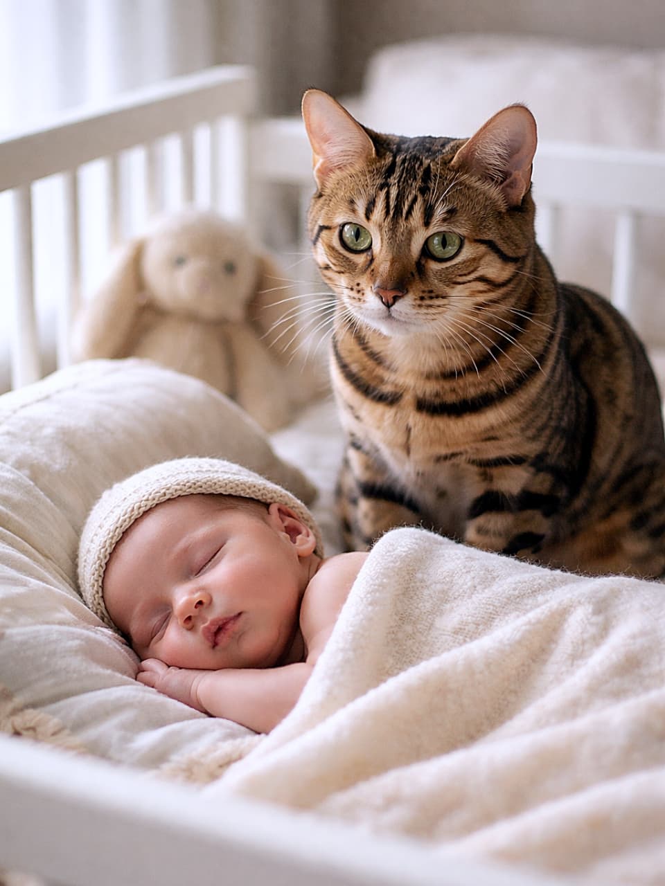 「小さな命をそっと見守る、頼れるにゃんこガーディアン」A gentle adult Bengal cat sitting beside a peacefully sleeping newborn baby in a white crib, watching over the infant with a soft, protective expression in warm natural light. 白いベビーベッドで眠る新生児のそばに寄り添い、やさしい表情で見守る成猫のベンガル猫。あたたかな自然光に包まれた穏やかな光景