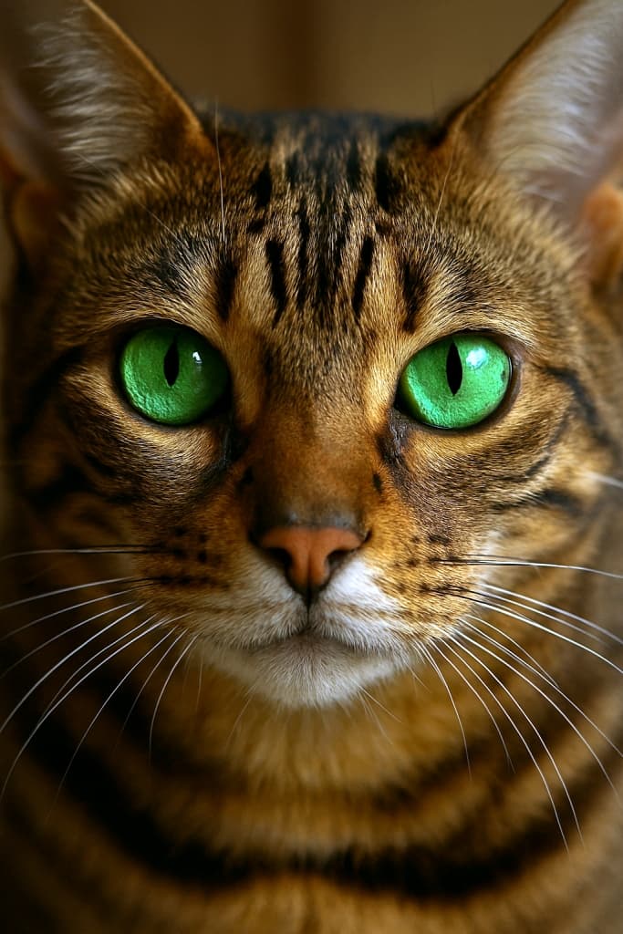 Photorealistic extreme close-up of a mature Bengal cat with vivid emerald-green eyes glowing in soft room light; sharp whiskers, warm brown rosetted fur, shallow depth of field. 成熟したベンガル猫の極端なクローズアップ。柔らかな室内光の中で、鮮烈なエメラルドグリーンの瞳が輝く。ひげはシャープで、温かい茶系のロゼット柄の毛並み、浅い被写界深度