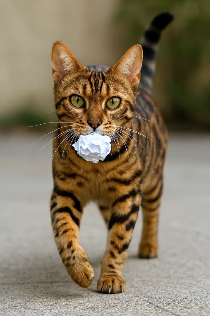 A photorealistic Bengal cat trots proudly toward the camera, gripping a crumpled paper ball in its mouth, ready to play fetch. フォトリアルなベンガル猫がカメラに向かって誇らしげに歩き、口にくしゃくしゃの紙ボールをくわえて遊ぶ準備をしている