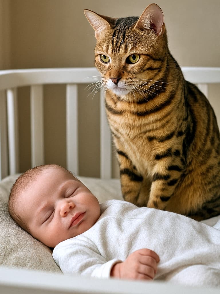 A photorealistic Bengal cat with golden-brown rosettes sits beside a sleeping newborn in a white crib, watching over the baby with a gentle expression under soft natural light. 白いベビーベッドで眠る新生児のそばに、金褐色のロゼット模様を持つベンガル猫が優しい表情で寄り添い、自然光に包まれたフォトリアルな一瞬