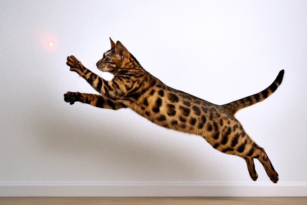 A photorealistic Bengal cat mid-leap, fully extended toward a red laser dot on a white wall. 白い壁の赤いレーザーポイントに向かって跳びかかる、写実的なベンガル猫の躍動的な瞬間