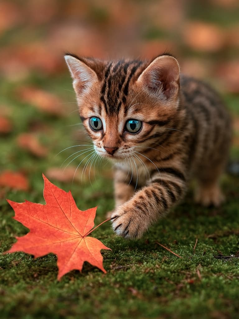 A tiny Bengal kitten with large curious eyes gently touches a vibrant autumn leaf on soft moss. 大きな好奇心いっぱいの瞳をした小さなベンガル子猫が、柔らかな苔の上で鮮やかな秋の葉にそっと触れている