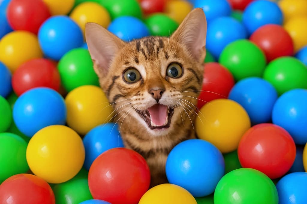 A photorealistic Bengal kitten with wide eyes and an open mouth peeks out from a sea of colorful plastic balls in a small ball pit. The kitten’s golden-brown fur and bold markings contrast with the vibrant red, blue, yellow, and green balls. 小さなボールプールの中で、色とりどりのプラスチックボールに囲まれながら顔をのぞかせるベンガル子猫。目を見開き口を開けた表情が愛らしく、金茶色の毛並みとくっきりした模様が赤・青・黄・緑のボールと鮮やかに対比している