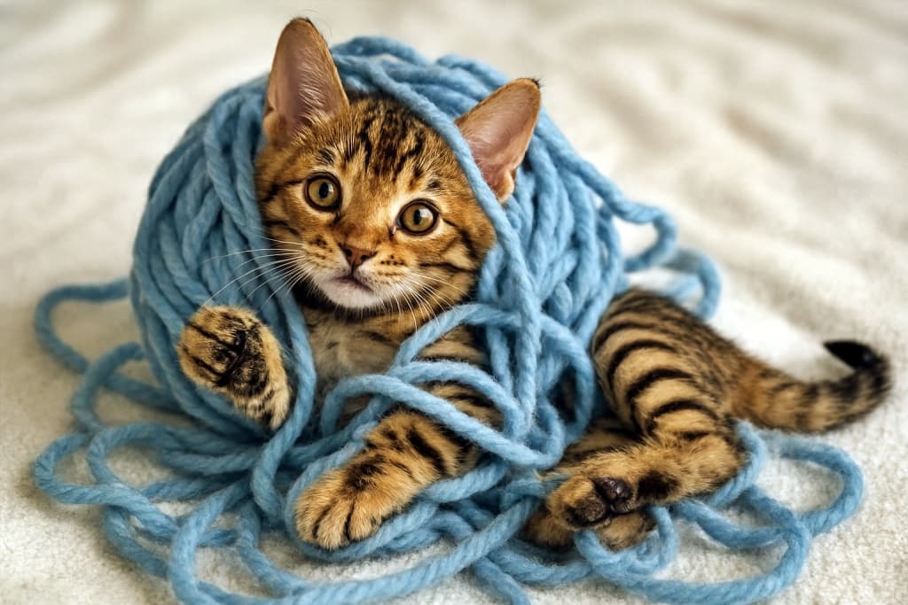 A photorealistic Bengal kitten playfully tangled in soft, chunky blue yarn on a white blanket. Its golden-brown fur and curious eyes contrast with the cozy texture of the yarn. 白い毛布の上で、柔らかく太い青い毛糸にじゃれて絡まるベンガル子猫。金茶色の毛並みと好奇心いっぱいの瞳が、毛糸のぬくもりと対比して愛らしい