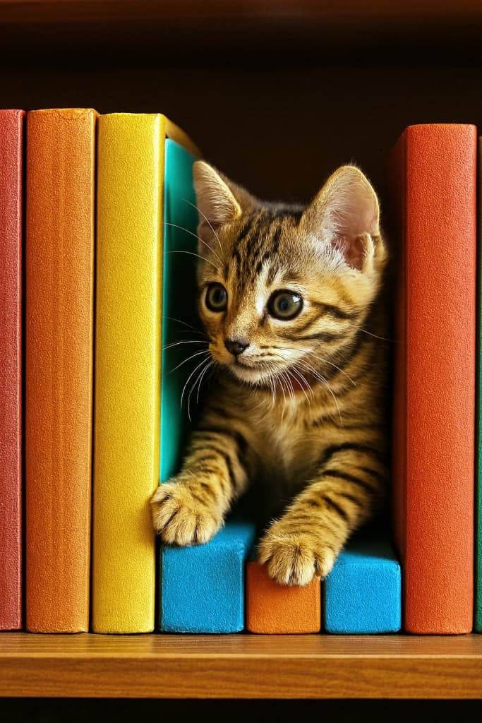 A photorealistic Bengal kitten with golden fur and dark markings squeezes between colorful books on a wooden shelf, peering curiously into the shadowy gap. 木製の本棚で、金色の毛並みに黒い模様を持つベンガル子猫がカラフルな本のすき間に入り込み、暗がりを好奇心いっぱいに覗き込んでいる