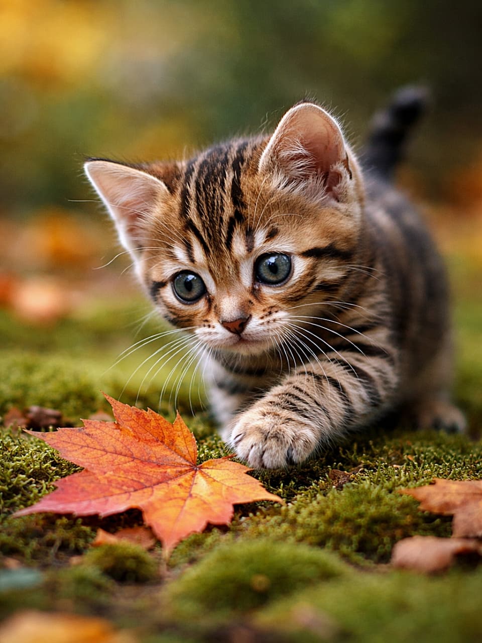 「これは安全…?そっと前足で確認中。秋と初対面の、慎重派ベンガル子猫」A tiny Bengal kitten cautiously touching a bright autumn leaf on soft green moss, with wide curious eyes and a gentle, careful posture. 柔らかな苔の上で、色づいた秋の葉にそっと前足で触れる、好奇心いっぱいのベンガルの子猫