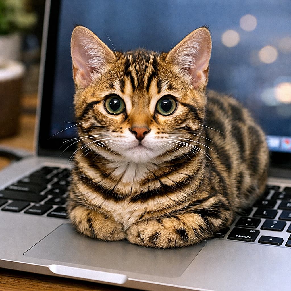 「仕事しようとしたら、完璧な香箱座りでログイン阻止。この視線、反則です🐾💻」A cute Bengal kitten sitting in a perfect loaf position on a laptop keyboard, looking straight at the camera with wide, curious eyes. ノートパソコンのキーボードの上で香箱座りをし、カメラをまっすぐ見つめるベンガル子猫
